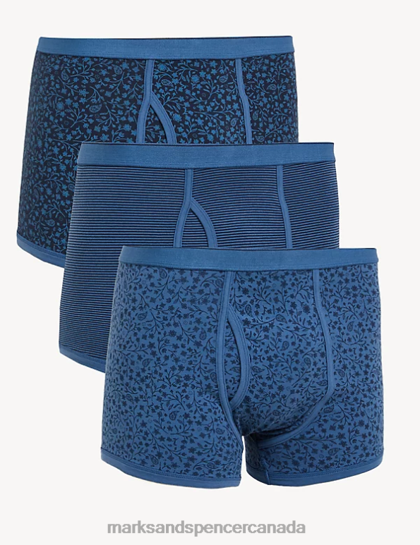 Men Mid Blue Clothing Marks & Spencer 3pk Cotton Stretch Cool & Fresh Trunks 20VTD4872 - Marks and Spencer Canada locations