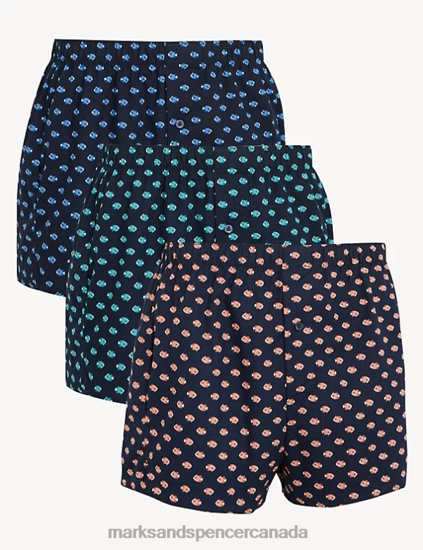 Marks and Spencer Canada - Men Navy Clothing Marks & Spencer 3pk Pure Cotton Fish Print Woven Boxers 20VTD6130