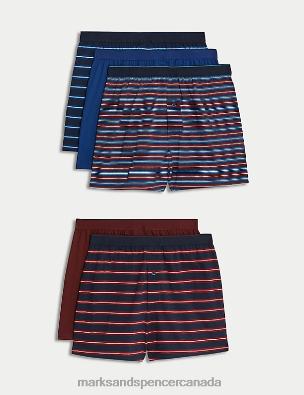 Men Navy Mix Clothing Marks & Spencer 5pk Pure Cotton Cool & Fresh Jersey Boxers 20VTD4744 - Marks and Spencer outlet