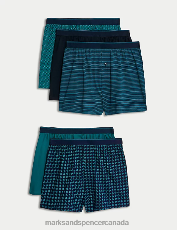 Marks and Spencer Canada - Men Turquoise Mix Clothing Marks & Spencer 5pk Pure Cotton Cool & Fresh Jersey Boxers 20VTD4882