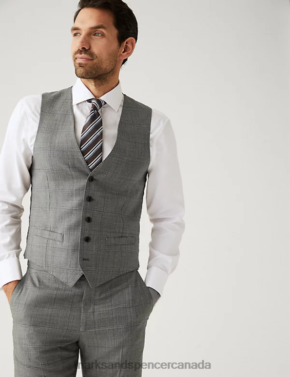 Marks and Spencer Canada - Men Grey Clothing Marks & Spencer Regular Fit Pure Wool Check Waistcoat 20VTD5508