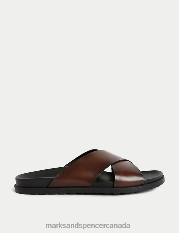 Men Brown Footwear Marks & Spencer Leather Slip-On Sandals 20VTD7251 - Marks and Spencer outlet