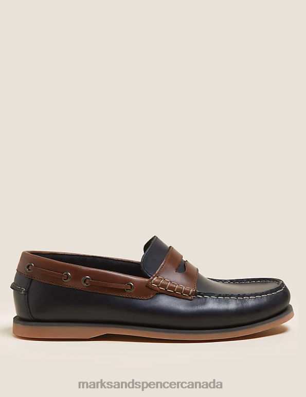 Marks and Spencer sale - Men Navy Mix Footwear Marks & Spencer Leather Slip-On Boat Shoes 20VTD6573