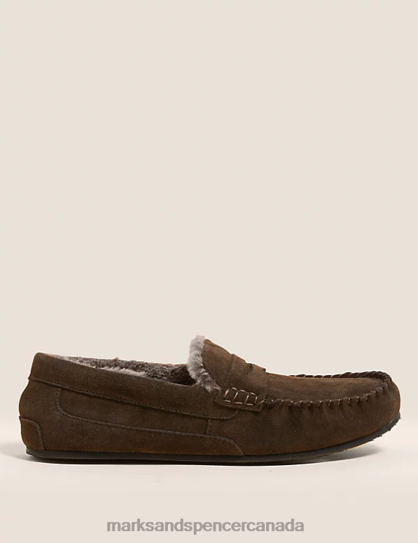 Men Dark Brown Footwear Marks & Spencer Suede Slippers with Freshfeet 20VTD7057 - Marks and Spencer online