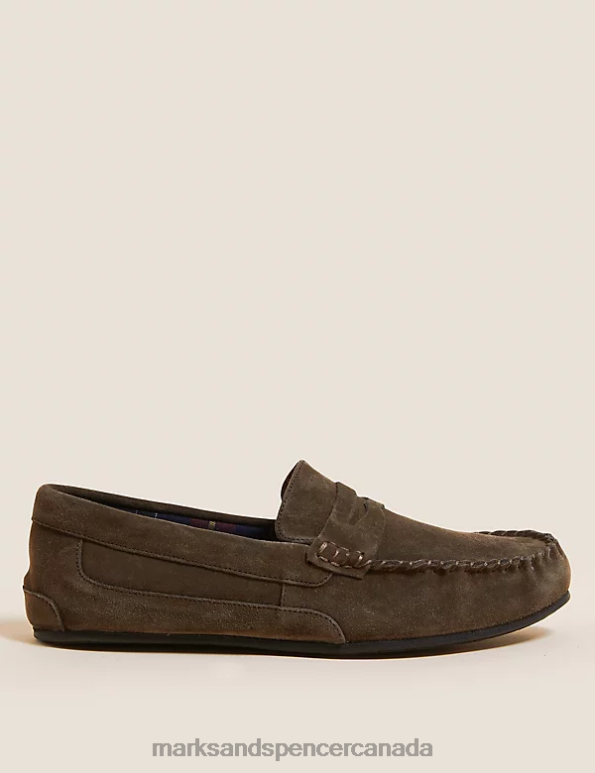 Men Dark Brown Footwear Marks & Spencer Suede Slippers with Freshfeet 20VTD7348 - Marks and Spencer Canada locations