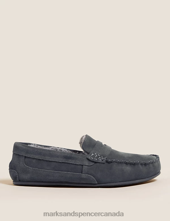 Men Med Blue Denim Footwear Marks & Spencer Suede Slippers with Freshfeet 20VTD6681 - Marks and Spencer Canada locations