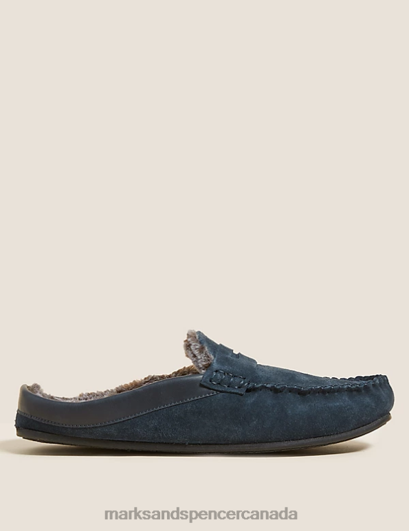 Men Navy Footwear Marks & Spencer Suede Fleece Lined Mule Moccasins 20VTD7099 - Marks and Spencer Canada locations