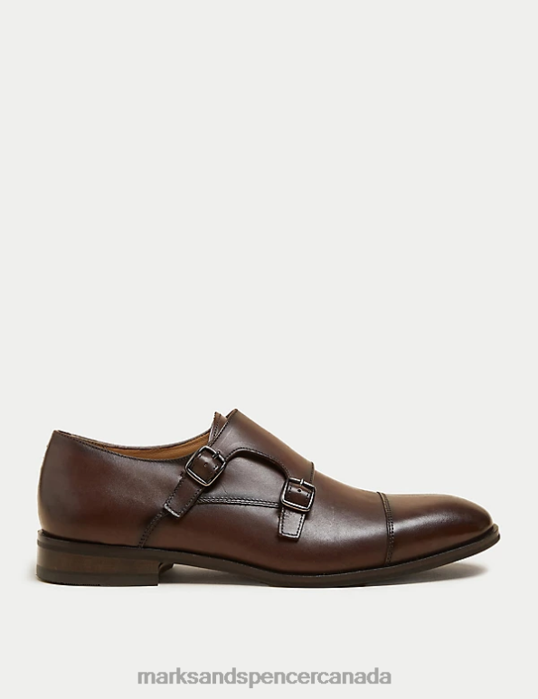 Men Brown Footwear Marks & Spencer Leather Double Monk Strap Shoes 20VTD6935 - Marks and Spencer outlet