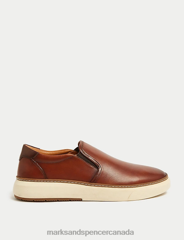 Men Tan Footwear Marks & Spencer Airflex Leather Slip-On Trainers 20VTD6835 - Marks and Spencer outlet