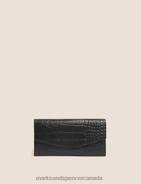 Women Black Accessories Marks & Spencer Leather Croc Effect Large Foldover Purse 20VTD3085 - Marks and Spencer outlet