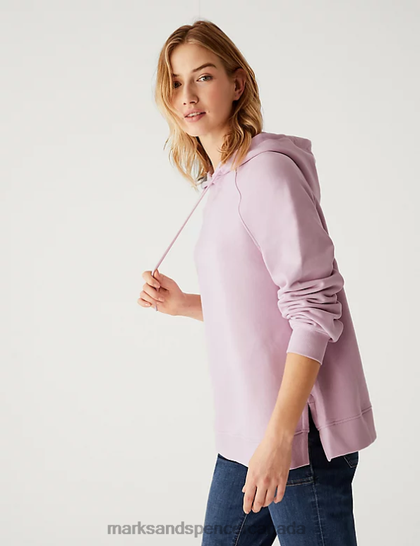 Marks and Spencer Canada - Women Pink Cloud Clothing Marks & Spencer Pure Cotton Long Sleeve Longline Hoodie 20VTD3179