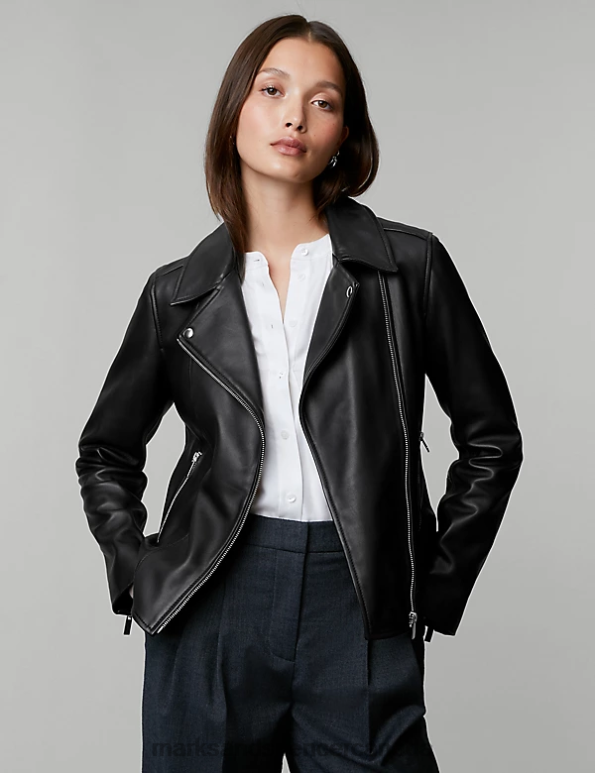 Women Black Clothing Marks & Spencer Leather Biker Jacket 20VTD1142 - Marks and Spencer outlet