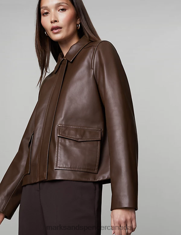 Women Brown Clothing Marks & Spencer Leather Trucker Jacket 20VTD1058 - Marks and Spencer online