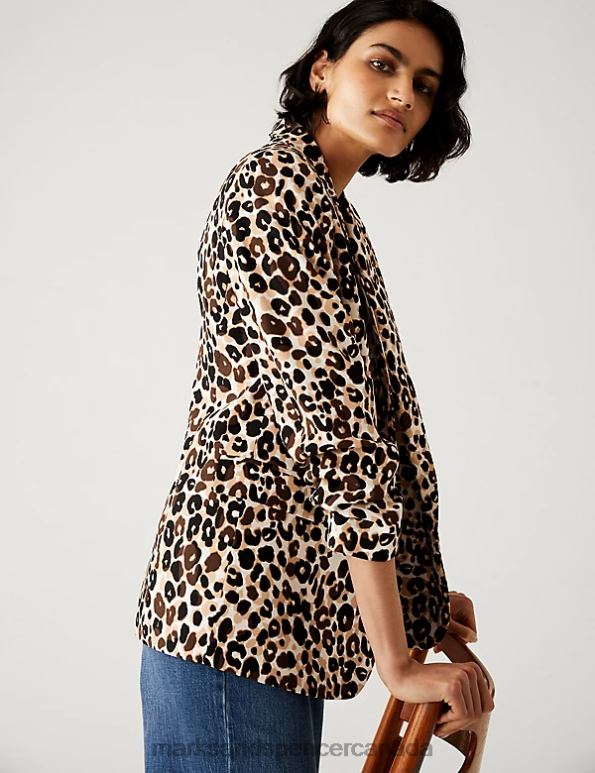 Women Brown Mix Clothing Marks & Spencer Relaxed Animal Print Ruched Sleeve Blazer 20VTD425 - Marks and Spencer outlet