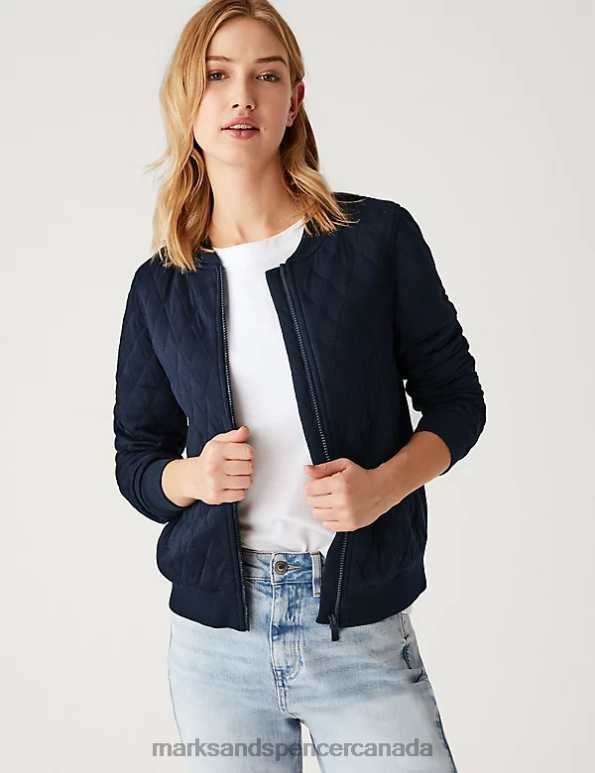 Women Dark Navy Clothing Marks & Spencer Jersey Quilted Relaxed Bomber Jacket 20VTD662 - Marks and Spencer Canada locations