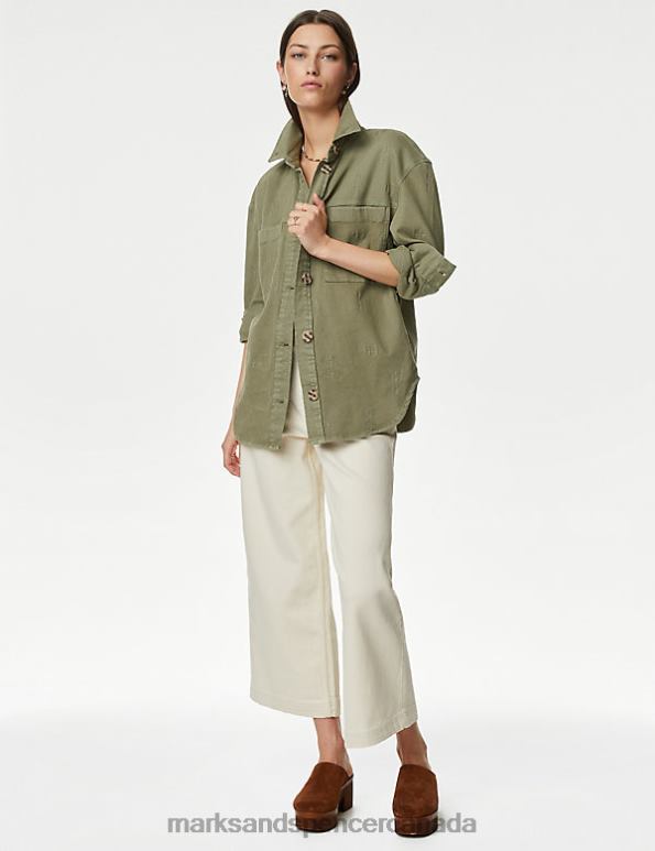 Marks and Spencer Canada - Women Faded Khaki Clothing Marks & Spencer Cotton Rich Embroidered Shacket 20VTD527