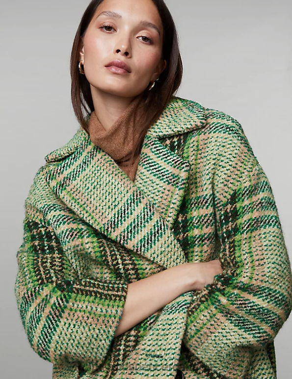 Women Green Mix Clothing Marks & Spencer Checked Longline Boyfriend Coat with Wool 20VTD943 - Marks and Spencer online