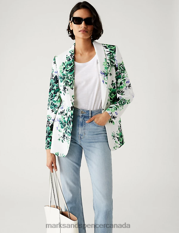 Marks and Spencer Canada - Women Green Mix Clothing Marks & Spencer Satin Look Relaxed Floral Blazer 20VTD443