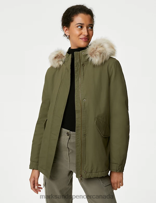 Women Hunter Green Clothing Marks & Spencer Cotton Rich Hooded Borg Lined Parka Coat 20VTD475 - Marks and Spencer Canada locations