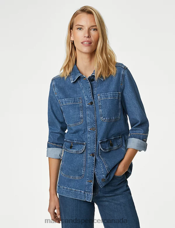 Women Indigo Clothing Marks & Spencer Cotton Rich Denim Utility Jacket 20VTD1895 - Marks and Spencer outlet