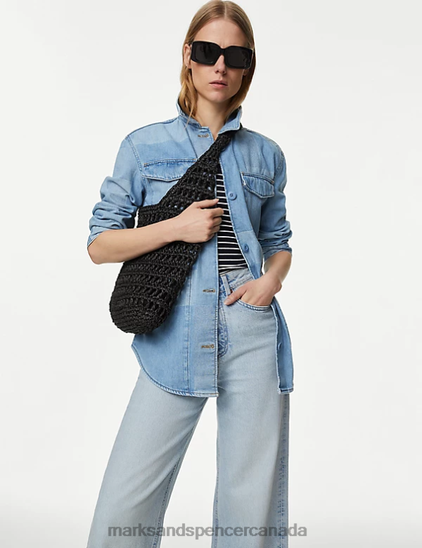 Women Indigo Mix Clothing Marks & Spencer Pure Cotton Denim Patchwork Utility Shacket 20VTD2524 - Marks and Spencer Canada locations