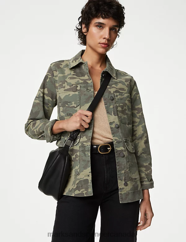 Women Khaki Mix Clothing Marks & Spencer Cotton Rich Camo Utility Jacket 20VTD966 - Marks and Spencer Canada locations