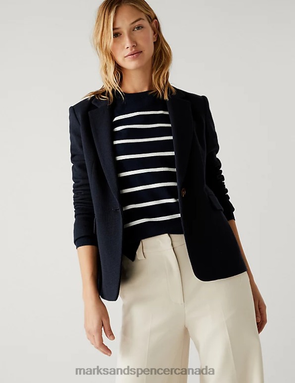 Women Midnight Navy Clothing Marks & Spencer Cotton Rich Jersey Slim Textured Blazer 20VTD1355 - Marks and Spencer online