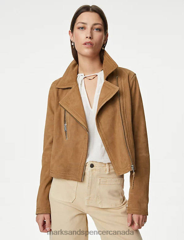 Marks and Spencer sale - Women Natural Beige Clothing Marks & Spencer Suede Collared Biker Jacket 20VTD1847