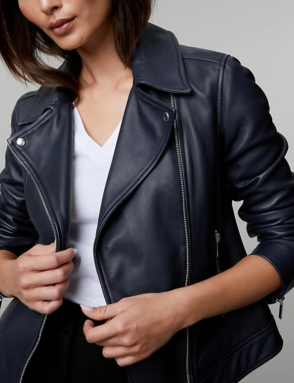 Women Navy Clothing Marks & Spencer Leather Biker Jacket 20VTD1473 - Marks and Spencer outlet