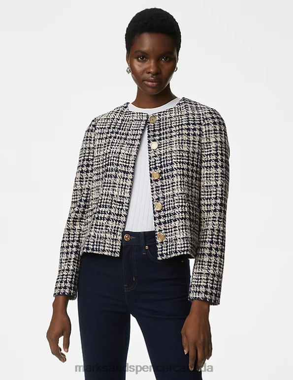 Women Navy Mix Clothing Marks & Spencer Tweed Checked Collarless Short Jacket 20VTD3167 - Marks and Spencer Canada locations