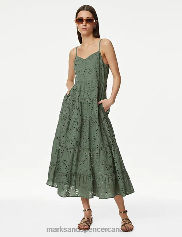 Women Antique Green Clothing Marks & Spencer Pure Cotton Broderie V-Neck Midaxi Dress 20VTD1118 - Marks and Spencer outlet