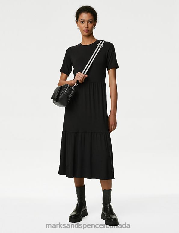 Women Black Clothing Marks & Spencer Jersey Round Neck Midi Tiered Dress 20VTD2153 - Marks and Spencer outlet