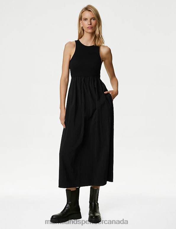 Women Black Clothing Marks & Spencer Jersey Round Neck Midi Waisted Dress 20VTD512 - Marks and Spencer Canada locations