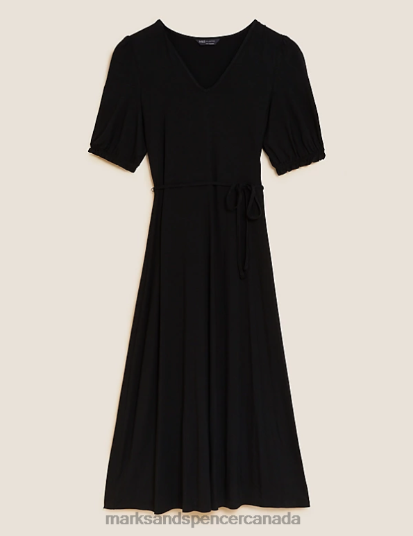 Marks and Spencer sale - Women Black Clothing Marks & Spencer Jersey V-Neck Belted Midi Tea Dress 20VTD2451