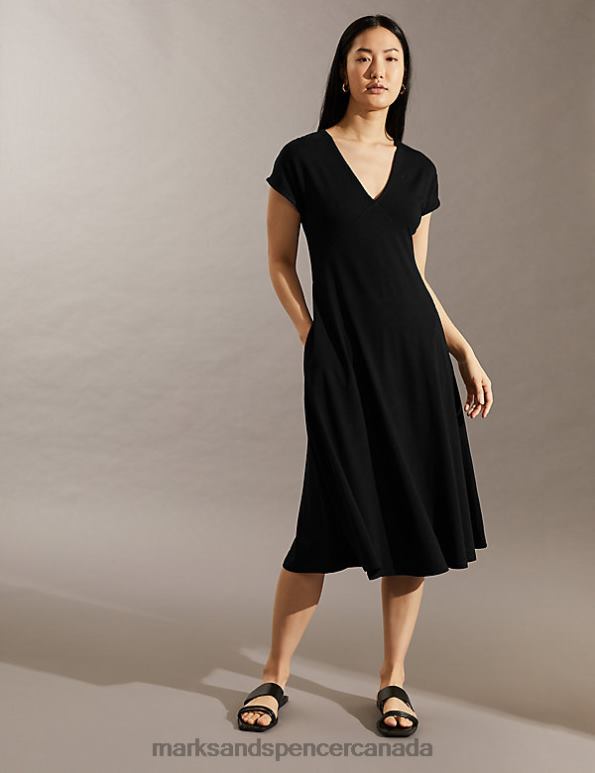 Women Black Clothing Marks & Spencer Jersey V-Neck Midi Tea Dress 20VTD2520 - Marks and Spencer Canada locations