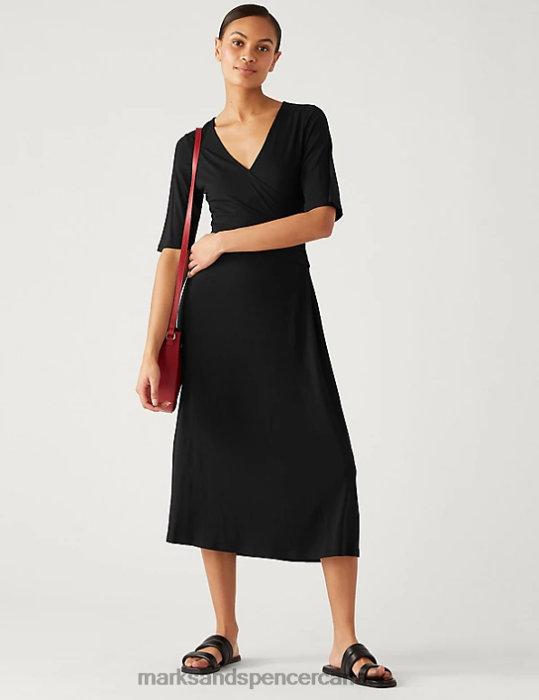 Marks and Spencer sale - Women Black Clothing Marks & Spencer Jersey V-Neck Midi Wrap Dress 20VTD1463