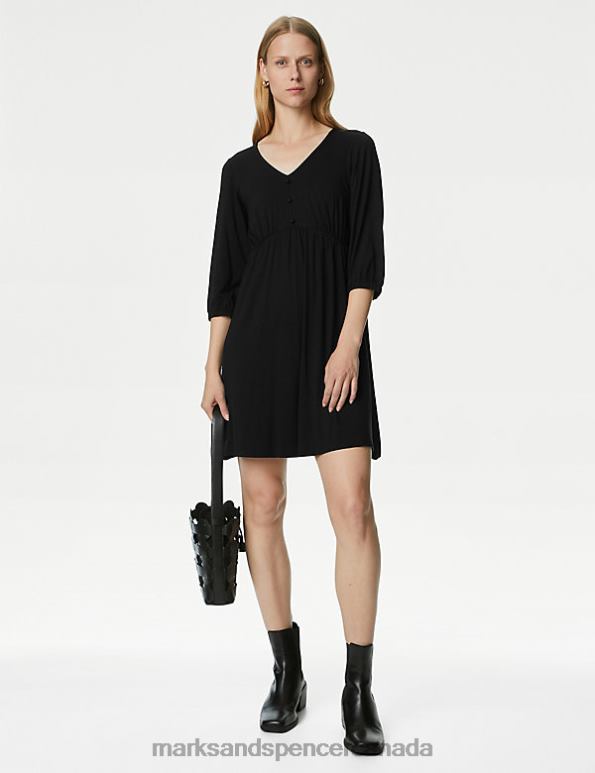 Women Black Clothing Marks & Spencer Jersey V-Neck Mini Smock Dress 20VTD1656 - Marks and Spencer outlet