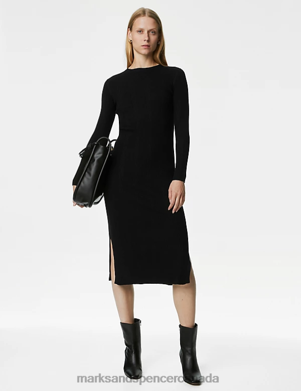 Women Black Clothing Marks & Spencer Knitted Ribbed Crew Neck Midi Dress 20VTD1400 - Marks and Spencer outlet