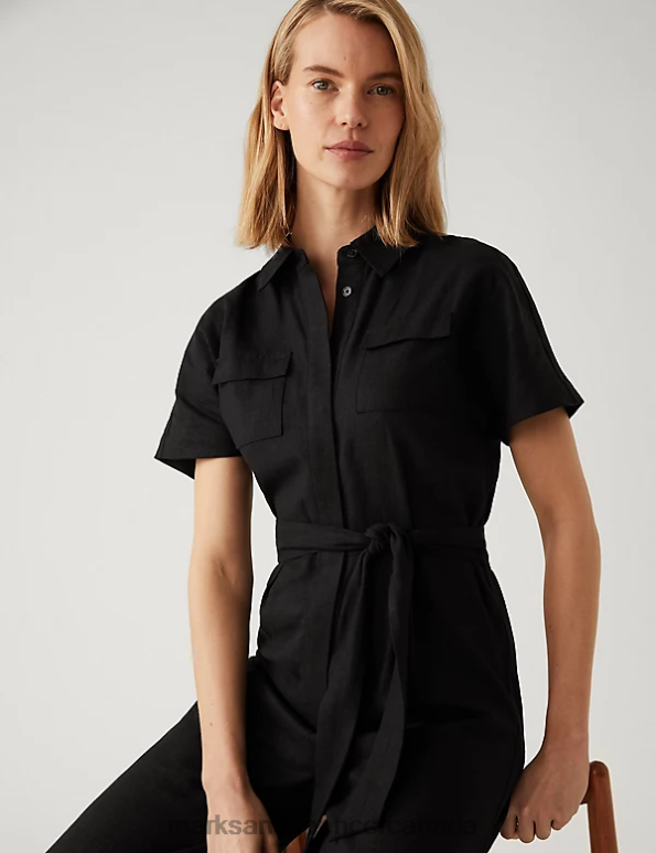 Marks and Spencer Canada - Women Black Clothing Marks & Spencer Linen Blend Belted Cropped Jumpsuit 20VTD2935