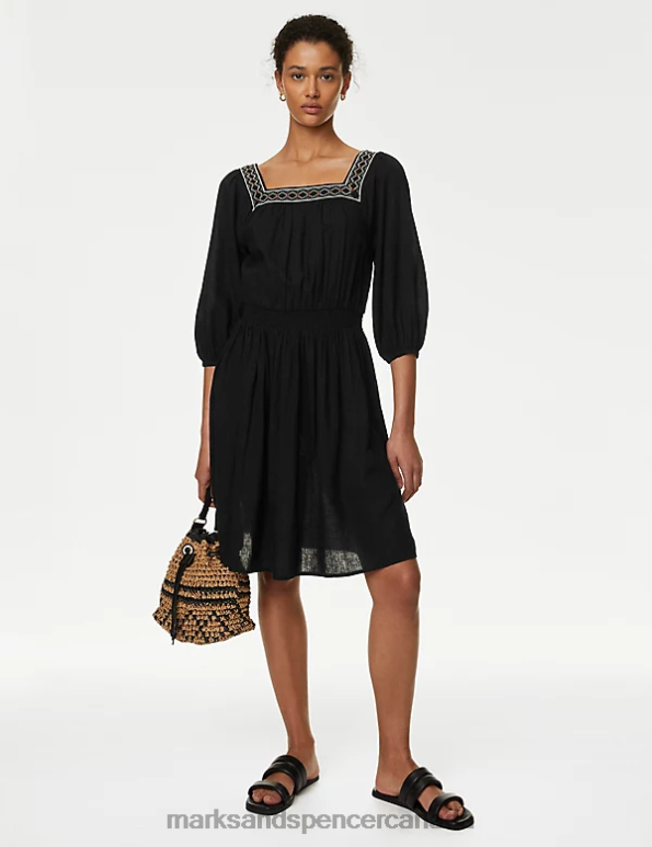 Marks and Spencer near me - Women Black Clothing Marks & Spencer Linen Blend Embroidered Shirred Dress 20VTD849