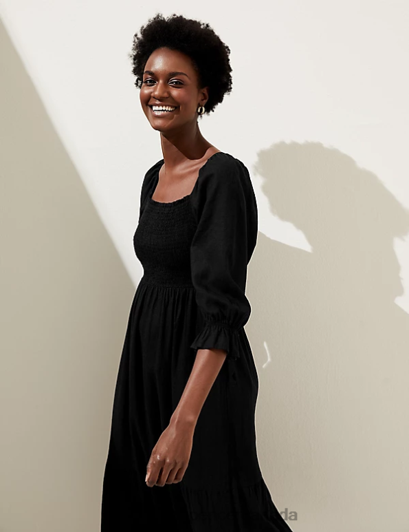 Marks and Spencer near me - Women Black Clothing Marks & Spencer Linen Blend Square Neck Shirred Midi Dress 20VTD1330