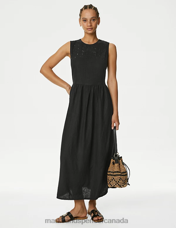 Women Black Clothing Marks & Spencer Linen Rich Cutwork Detail Midi Swing Dress 20VTD183 - Marks and Spencer outlet