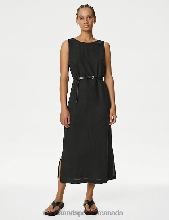 Women Black Clothing Marks & Spencer Linen Rich Round Neck Midi Shift Dress 20VTD1235 - Marks and Spencer online