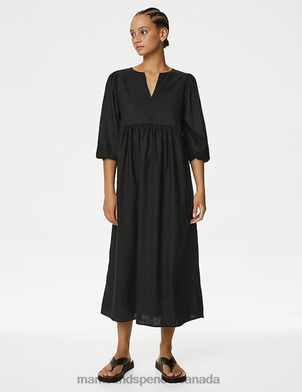 Women Black Clothing Marks & Spencer Linen Rich V-Neck Midi Beach Dress 20VTD371 - Marks and Spencer online