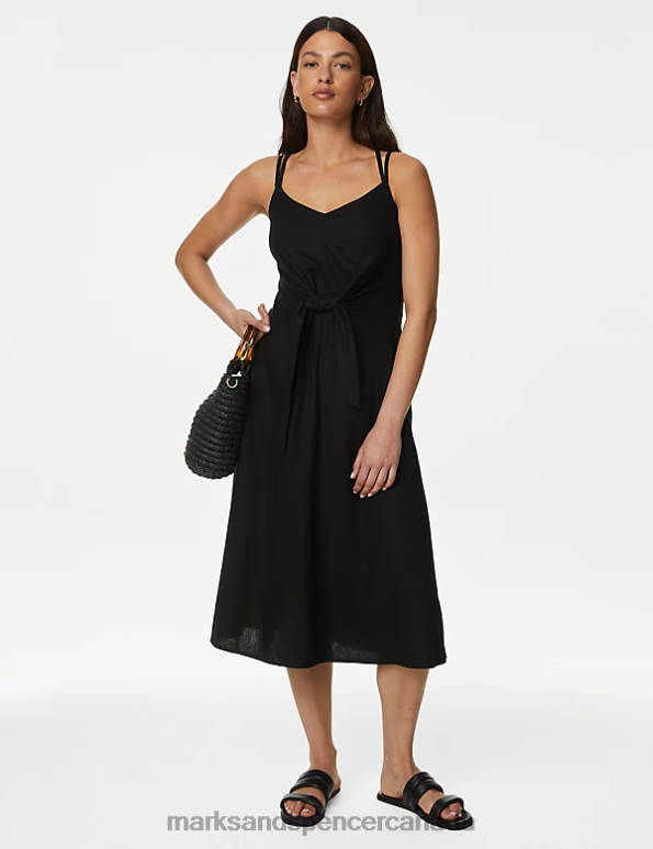 Women Black Clothing Marks & Spencer Linen Rich V-Neck Midi Waisted Dress 20VTD2612 - Marks and Spencer outlet