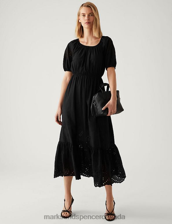 Women Black Clothing Marks & Spencer Pure Cotton Broderie Midaxi Tiered Dress 20VTD2015 - Marks and Spencer outlet