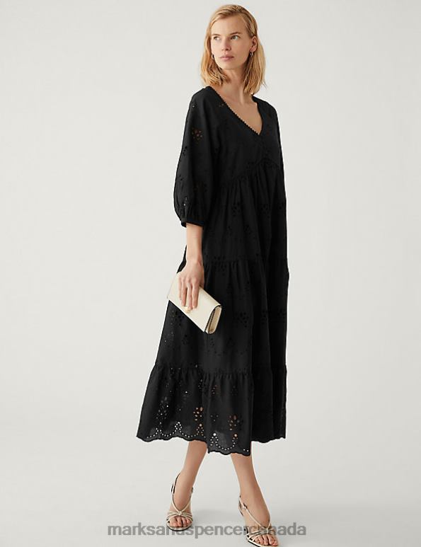 Women Black Clothing Marks & Spencer Pure Cotton Broderie V-Neck Midaxi Dress 20VTD1085 - Marks and Spencer outlet