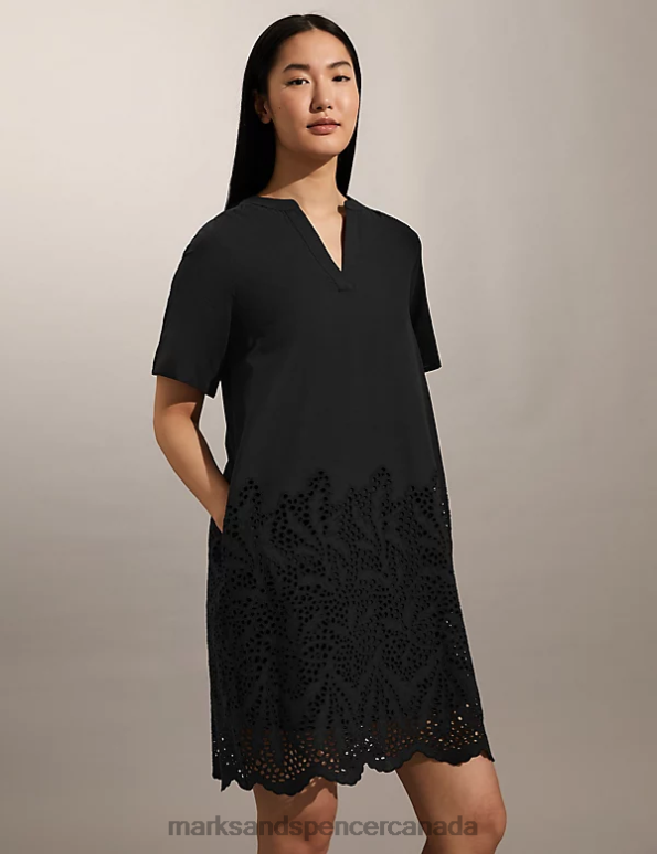 Marks and Spencer Canada - Women Black Clothing Marks & Spencer Pure Cotton Broderie V-Neck Mini Shift Dress 20VTD299