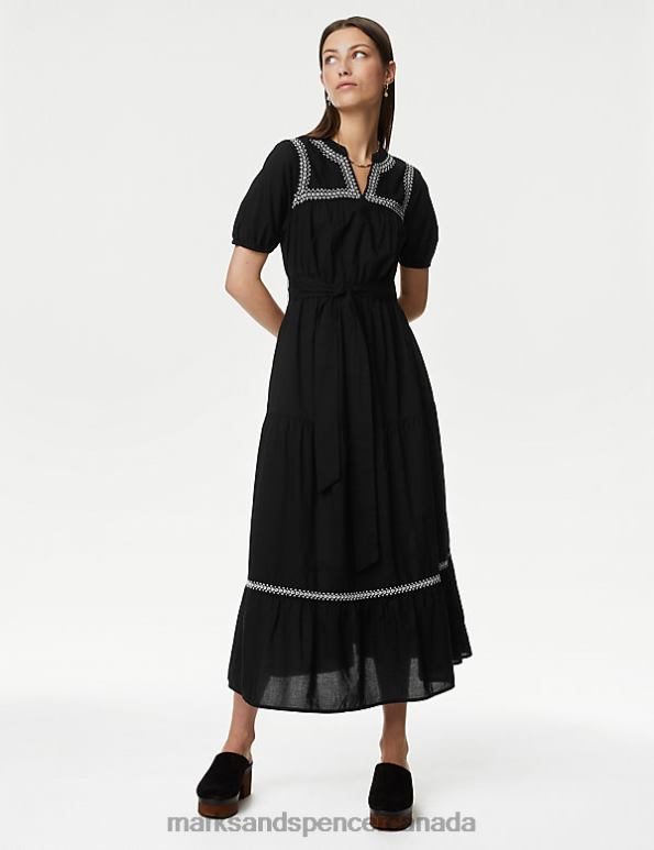 Women Black Clothing Marks & Spencer Pure Cotton Embroidered Maxi Tiered Dress 20VTD1454 - Marks and Spencer outlet