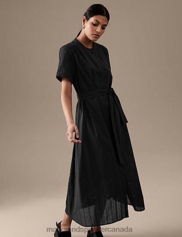 Women Black Clothing Marks & Spencer Pure Cotton Embroidered Midaxi Shirt Dress 20VTD2408 - Marks and Spencer online